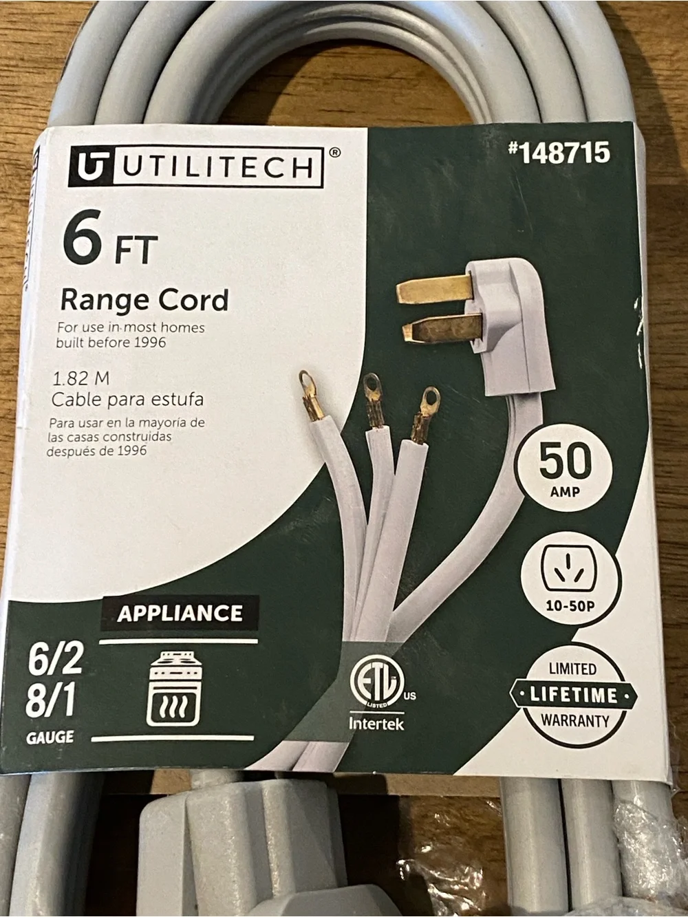 6 ft Gray Appliance Range Cord - 50 amp